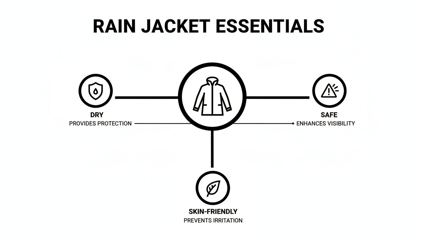 Diagram showing rain jacket essentials: dry protection, enhanced visibility for safety, and skin-friendly to prevent irritation.