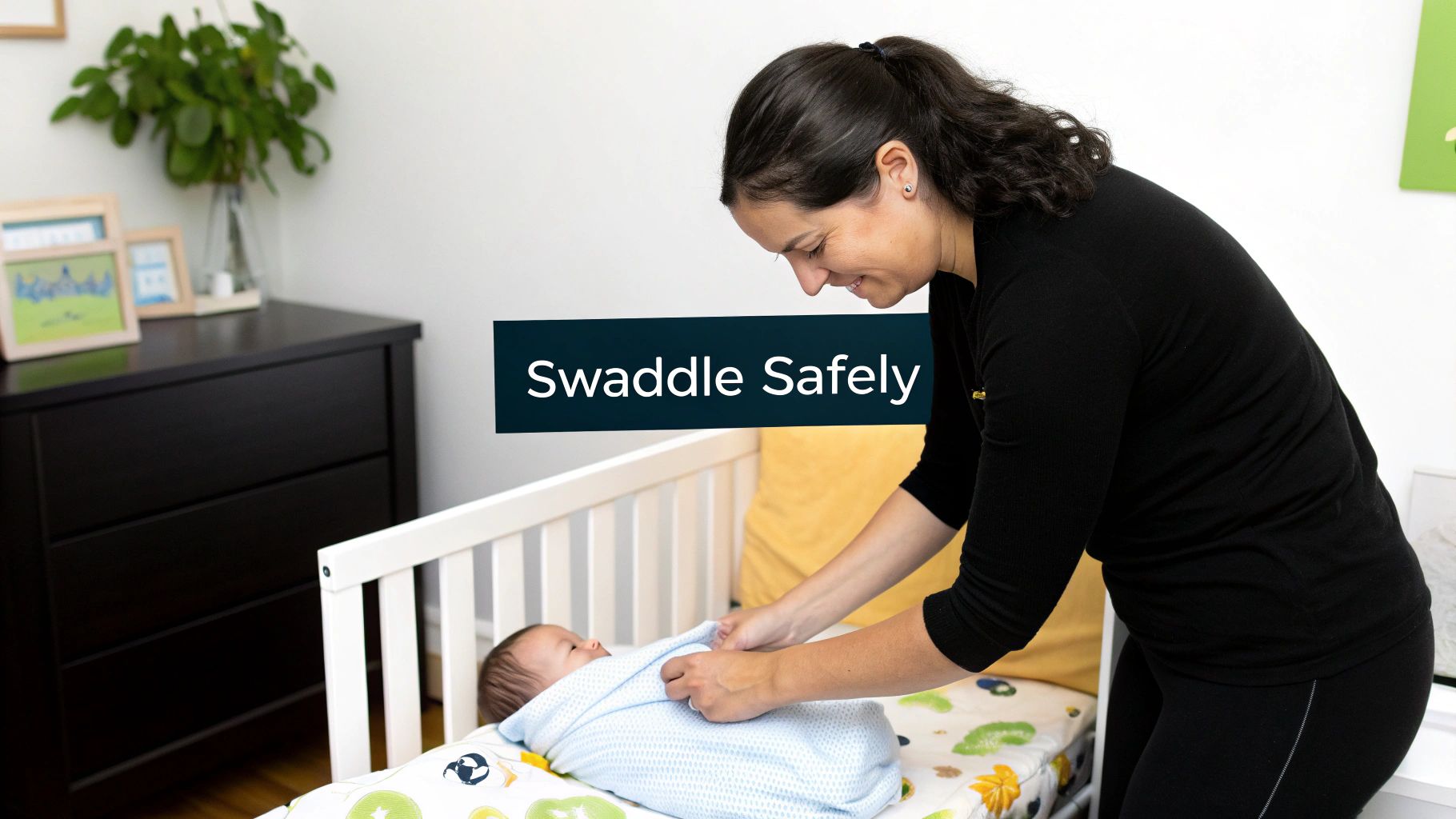A smiling woman gently swaddles a newborn baby in a white crib, ensuring comfort and safety.