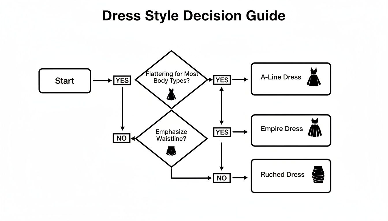Flowchart showing a dress style decision guide for A-Line, Empire, and Ruched dresses.