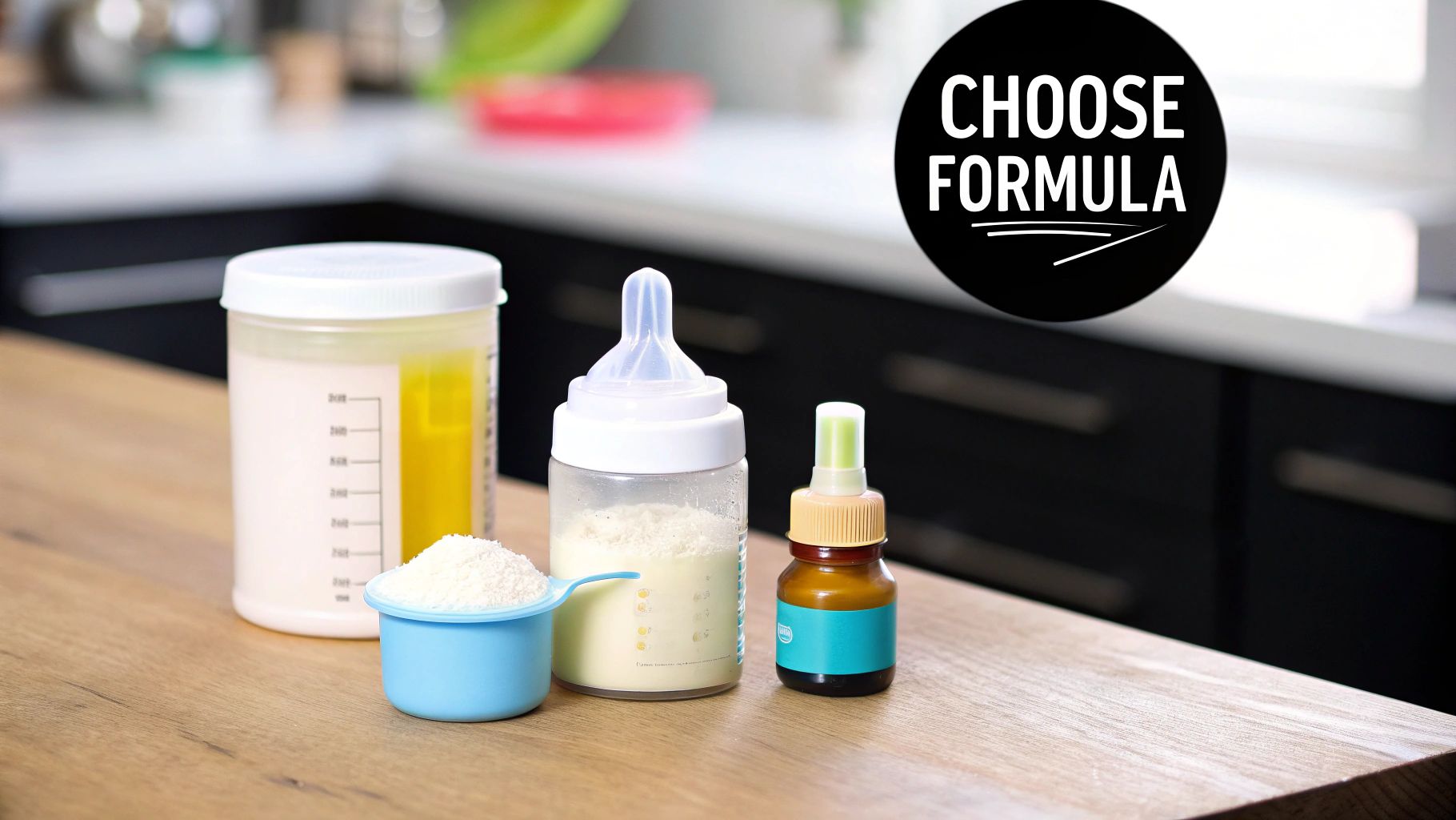 Various baby formula items on a wooden surface, including powder, a bottle, and a liquid container.