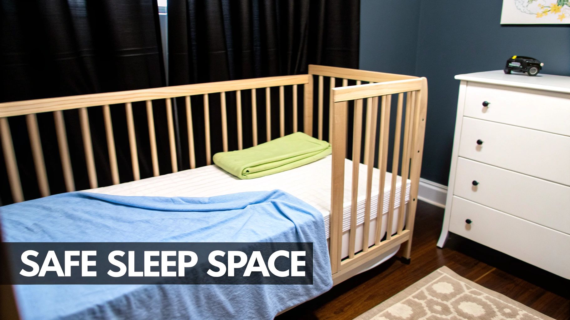 A clean nursery with a wooden baby crib, mattress, blue and green blankets, and a white dresser.