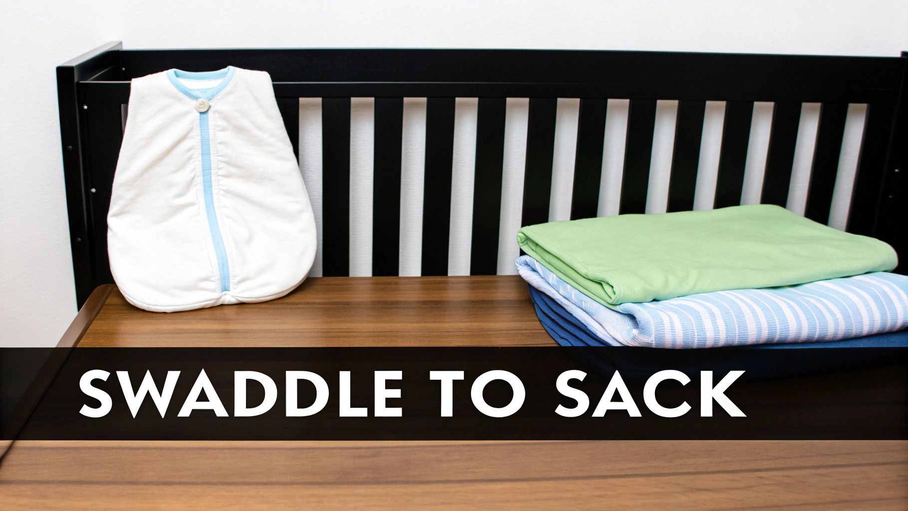 A white baby sleep sack, blue-trimmed, with stacked colorful blankets on a wooden surface near a crib.