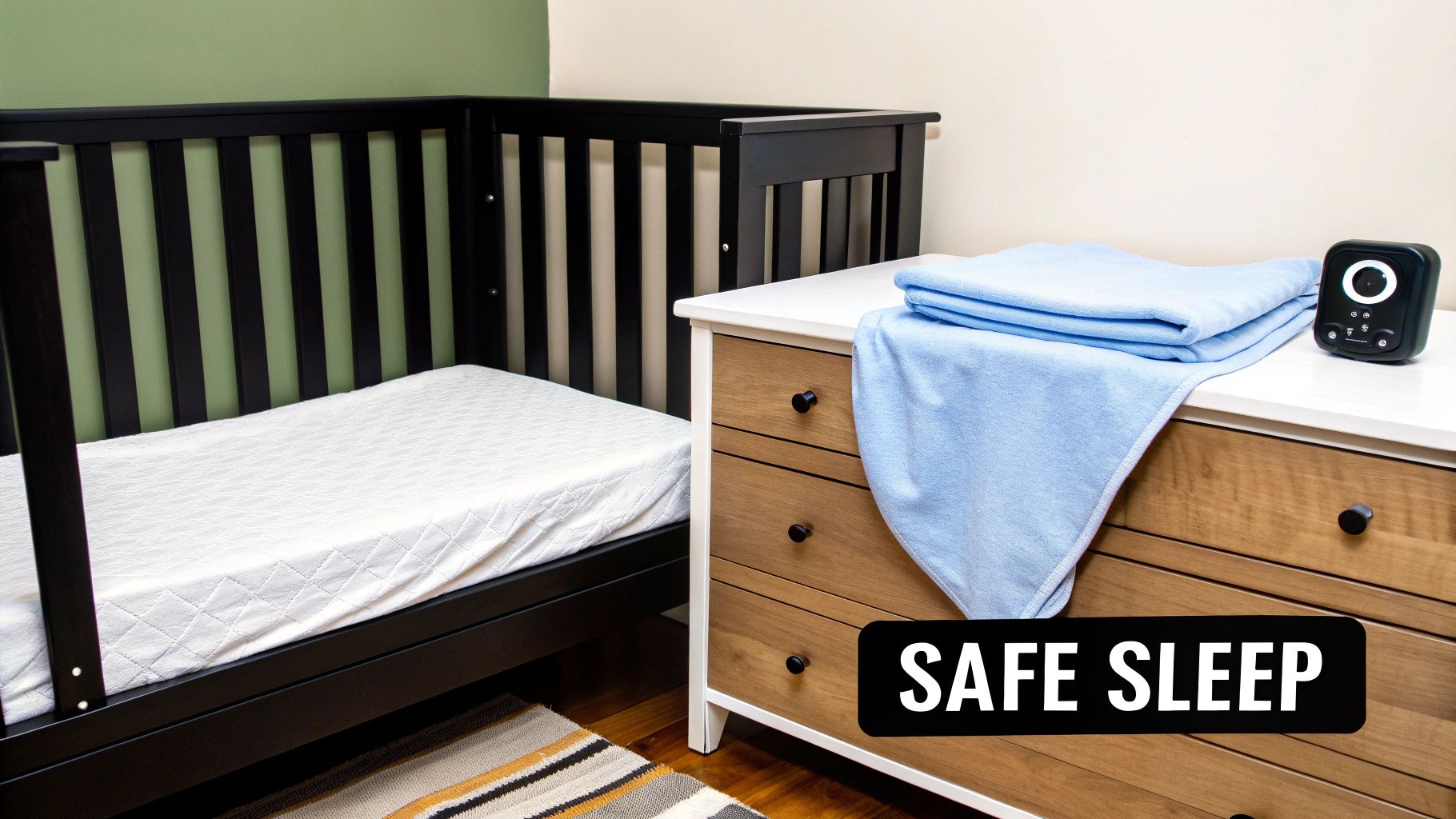 A minimalist nursery room with a black crib, a wooden dresser, blue blankets, and a baby monitor, emphasizing safe sleep.