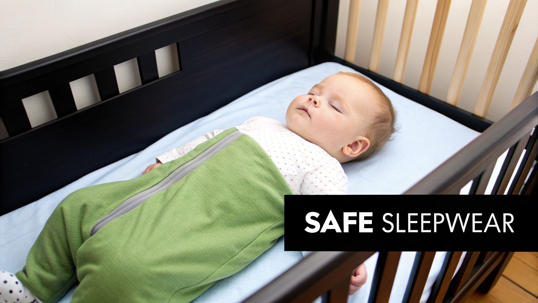A sleeping baby in a crib, wearing a green sleep sack over a white polka dot onesie.