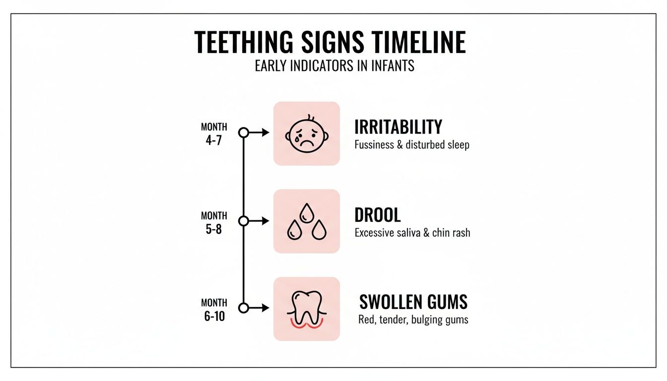 A timeline infographic illustrating early teething signs in infants, including irritability, drool, and swollen gums with age ranges.