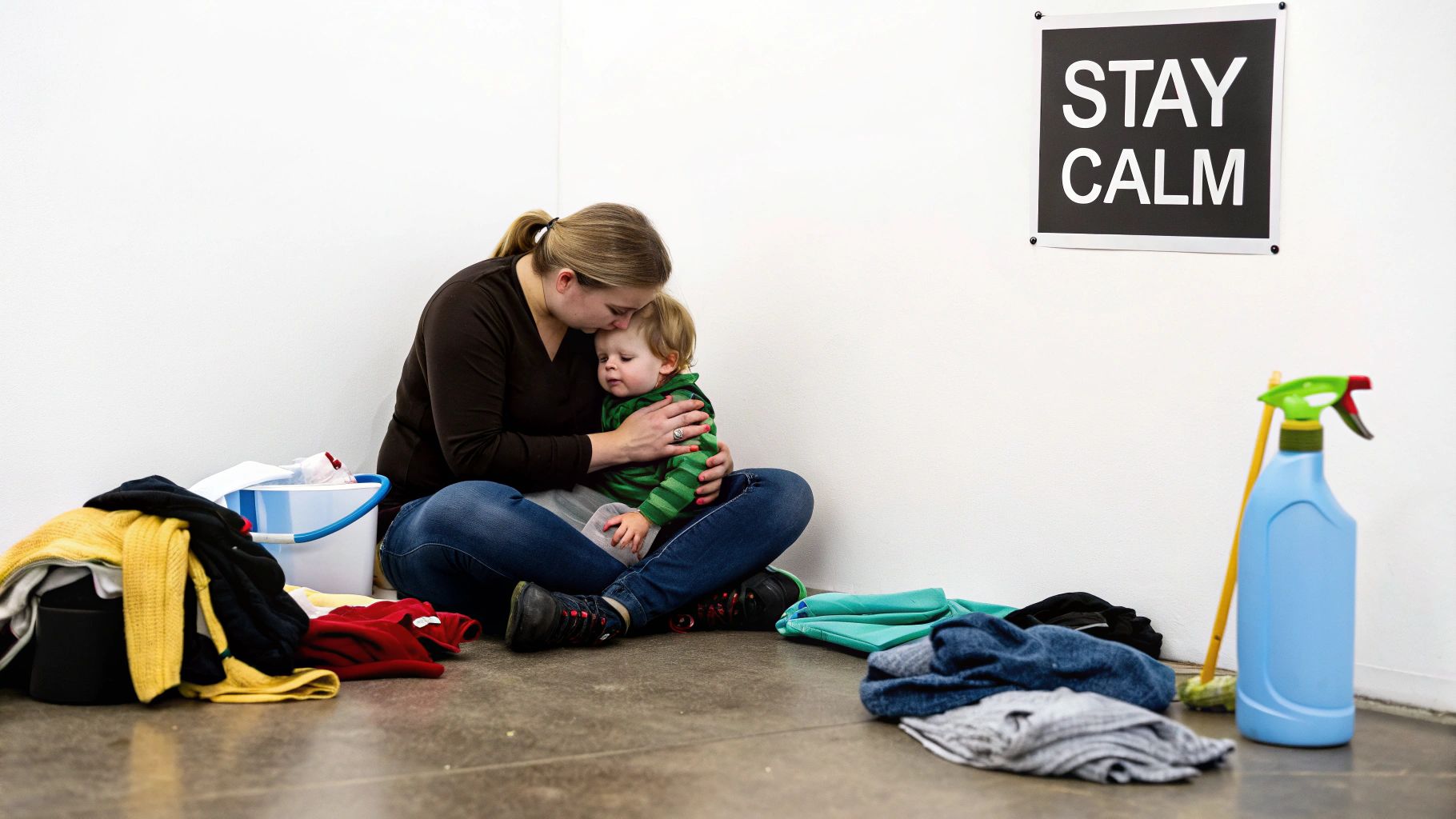 A mother embracing her child on the floor, surrounded by laundry, with a "STAY CALM" sign.