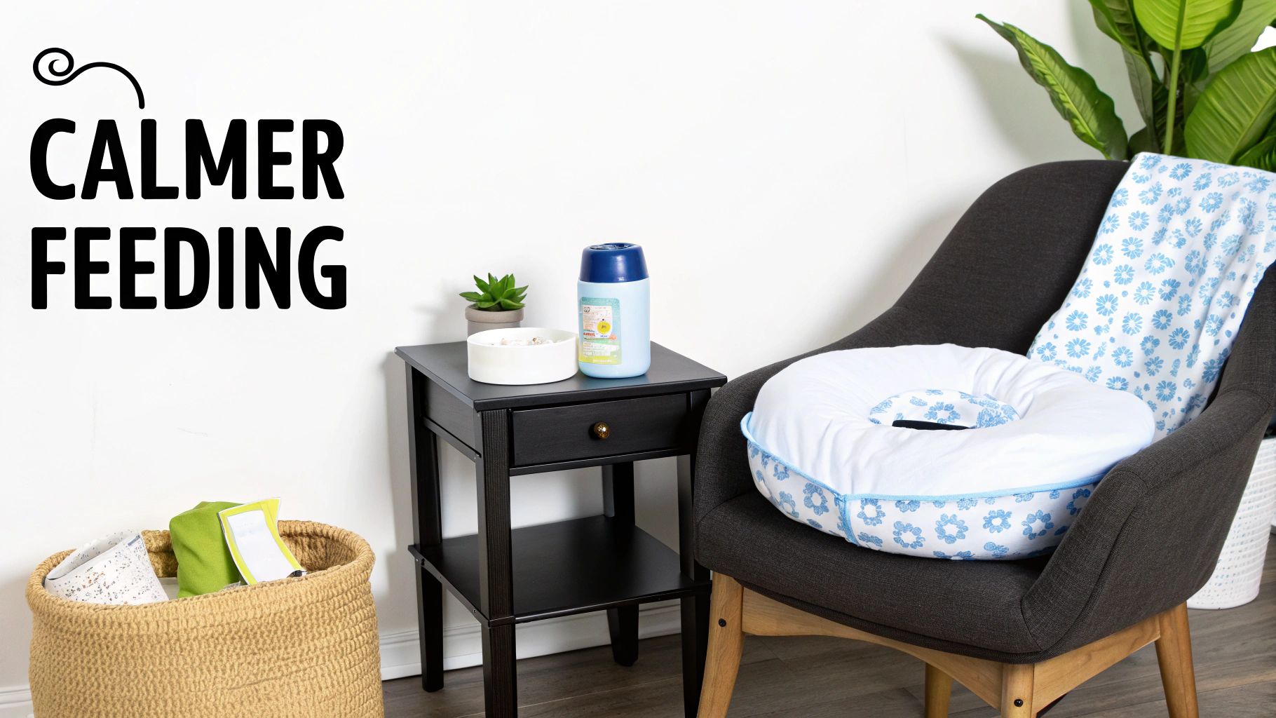 A cozy nursery setup with a comfortable nursing chair, side table, and a 'CALMER FEEDING' wall decal.