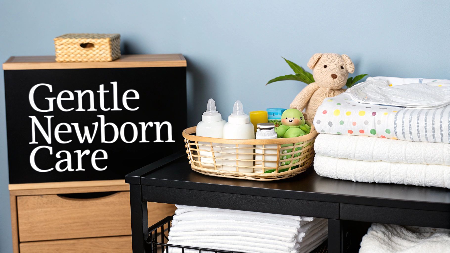 A collection of newborn care essentials including baby bottles, blankets, lotions, and toys.