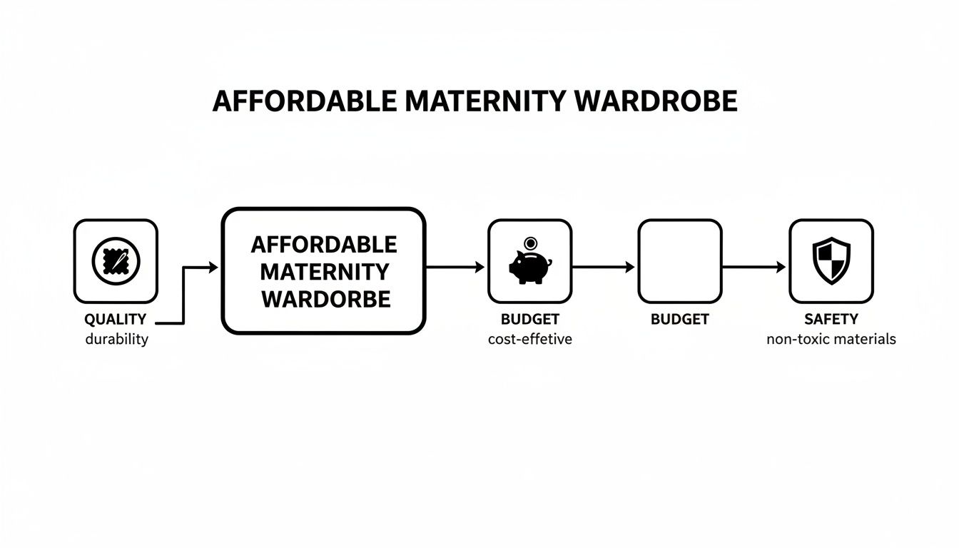 Diagram outlining key considerations for an affordable maternity wardrobe, including quality, budget, and safety.