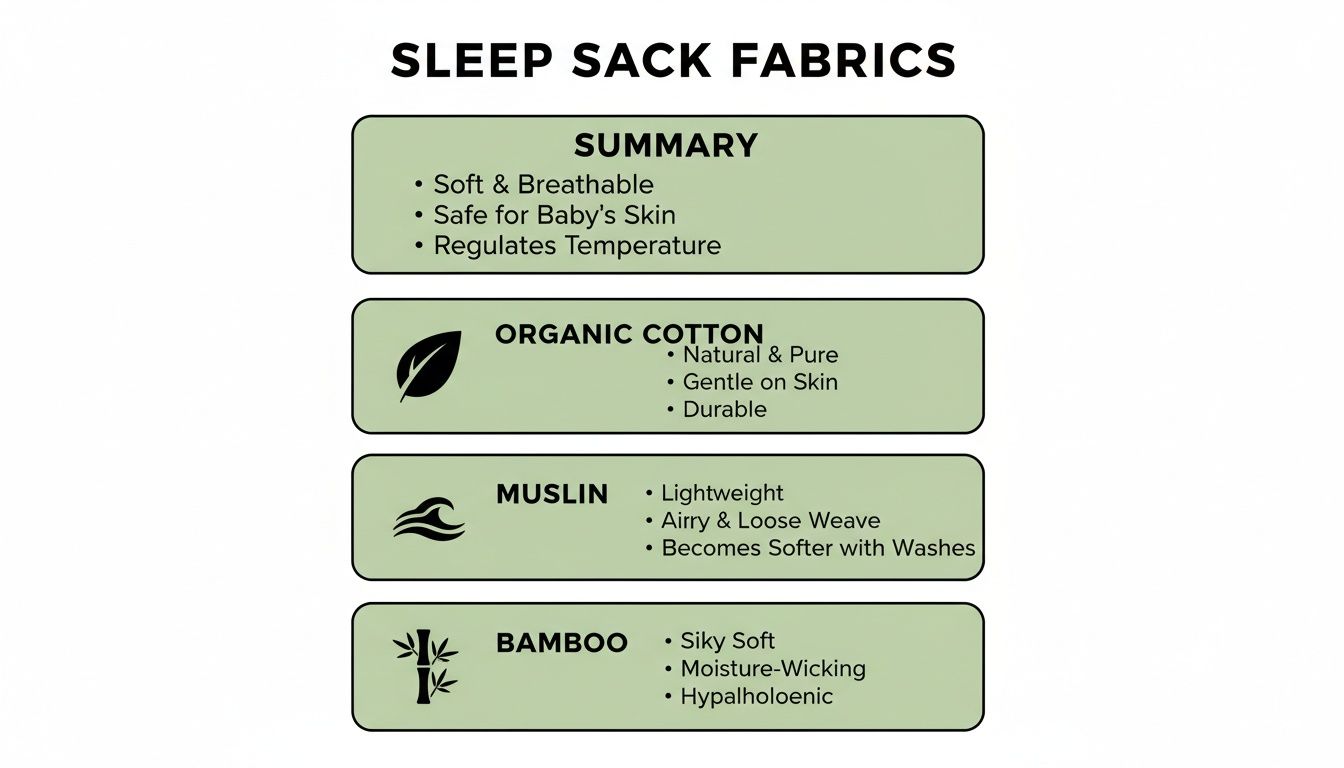 Infographic detailing sleep sack fabrics: organic cotton, muslin, and bamboo, highlighting their benefits for babies.