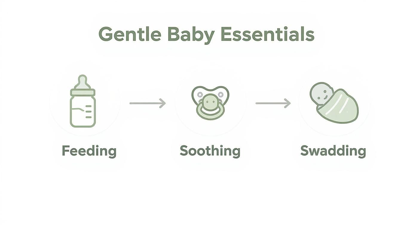 An infographic showing gentle baby essentials: feeding with a bottle, soothing with a pacifier, and swaddling a baby.