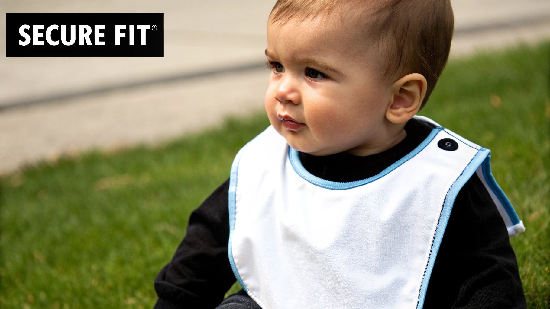 A cute baby wearing a white and blue Secure Fit bib, sitting outdoors on green grass.