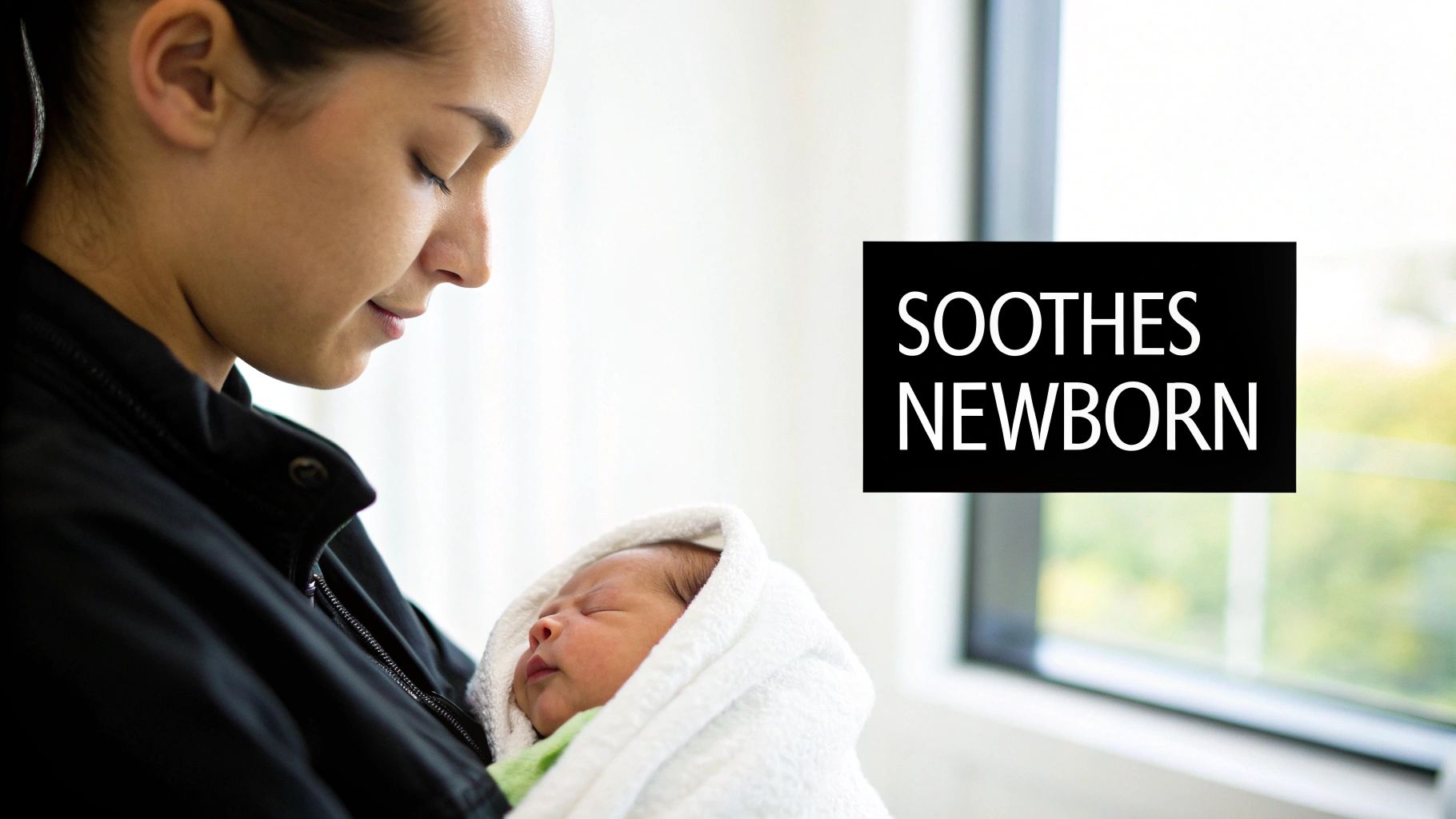 A calm mother gently holds her newborn baby, wrapped in a white swaddle, providing comfort.