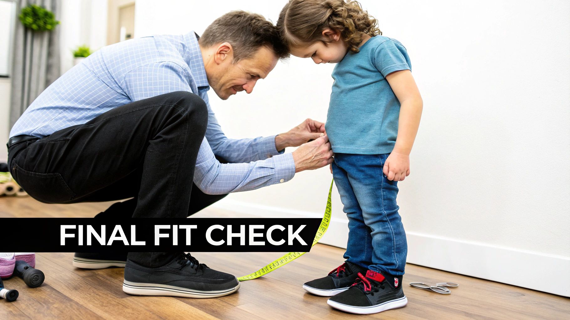 A man crouches, measuring a child's waist with a yellow tape measure during a final fit check.