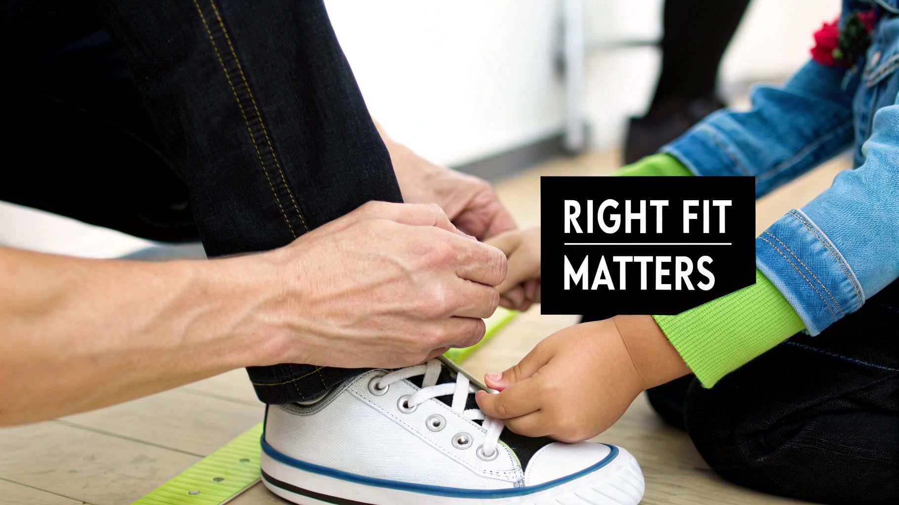 Adult and child's hands fitting a white sneaker with a shoe sizer on a wooden floor.
