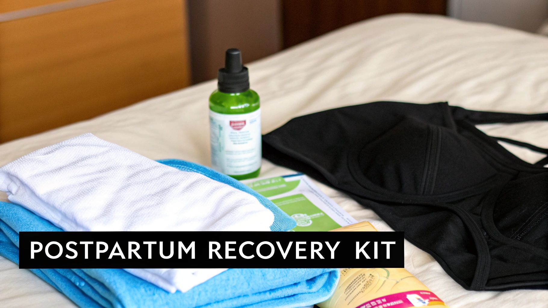 A postpartum recovery kit displayed on a bed, featuring folded towels, a green bottle, and a black bra.
