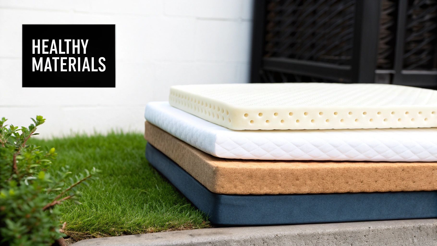 Stack of different healthy mattress layers, including foam and quilted fabric, with a 'HEALTHY MATERIALS' sign.