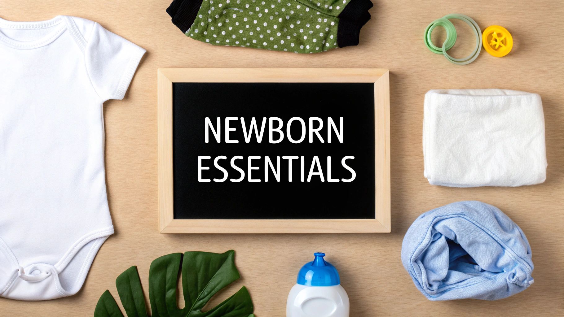 A flat lay of newborn essentials including a white onesie, green clothing, towel, and baby bottle, with a chalkboard saying 'NEWBORN ESSENTIALS'.