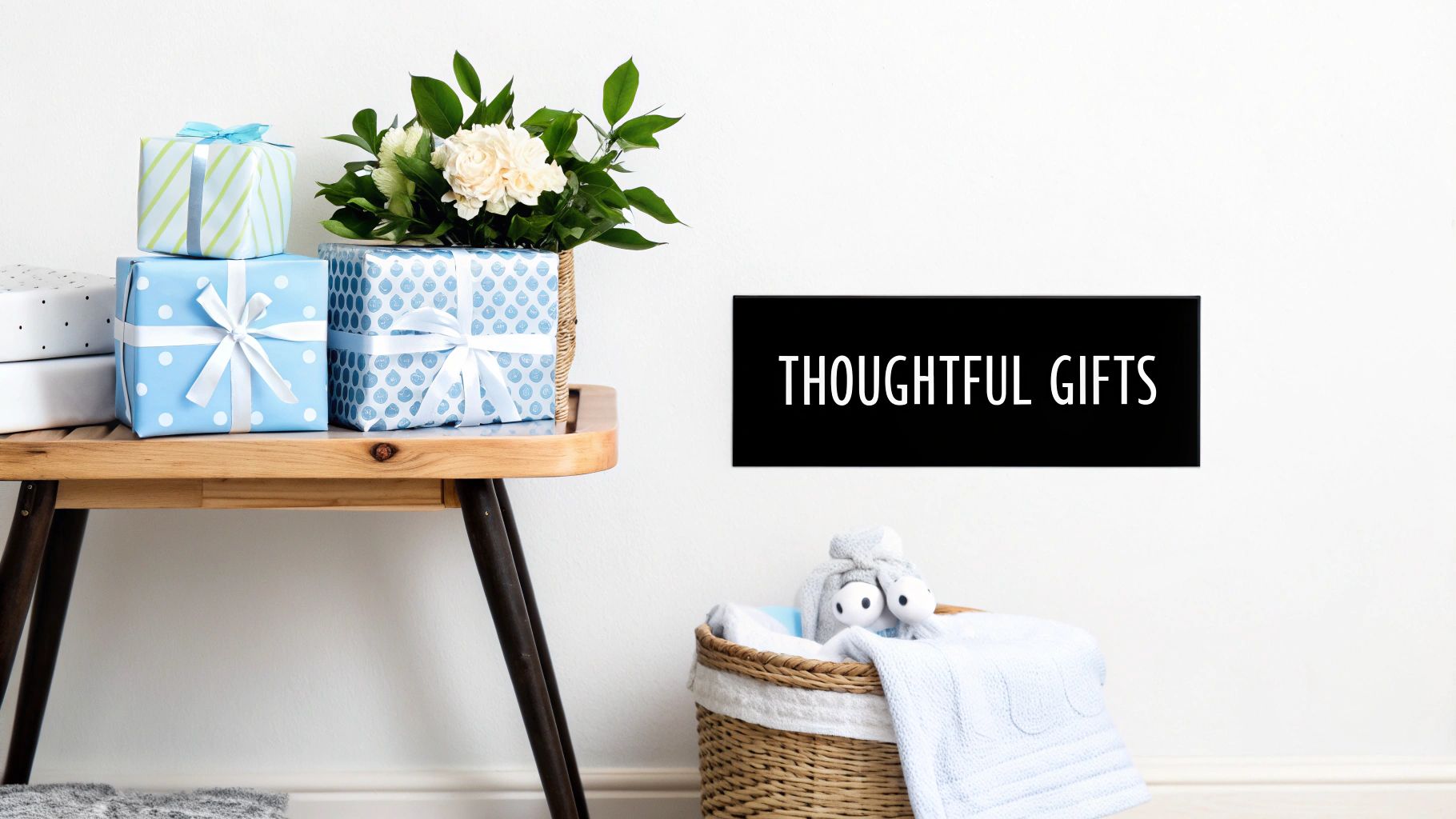 Thoughtful baby shower gifts, including blue wrapped boxes, flowers, and a stuffed toy in a basket, against a white wall.