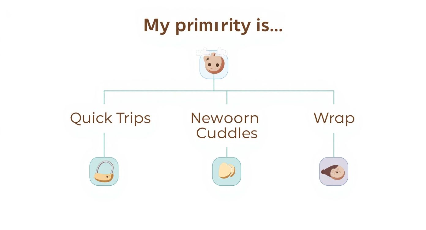 A flowchart illustrating baby carrying priorities: Quick Trips, Newborn Cuddles, and Wrap options.