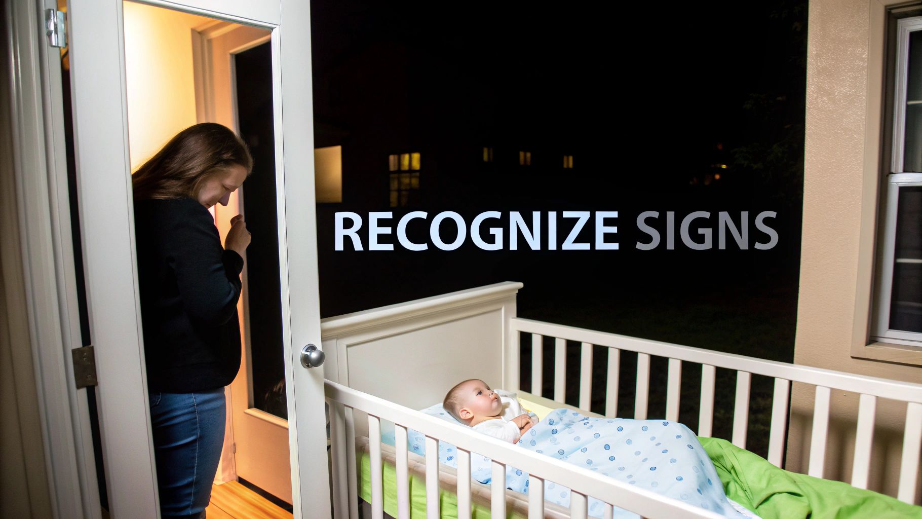 A concerned mother looks into a baby's crib at night, with text 'RECOGNIZE SIGNS'.