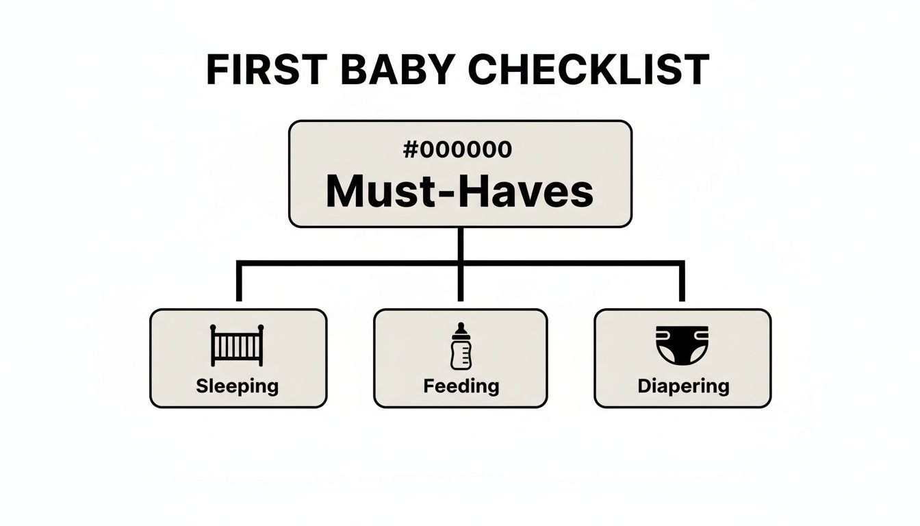 A flowchart showing a first baby checklist of must-have categories: sleeping, feeding, and diapering.