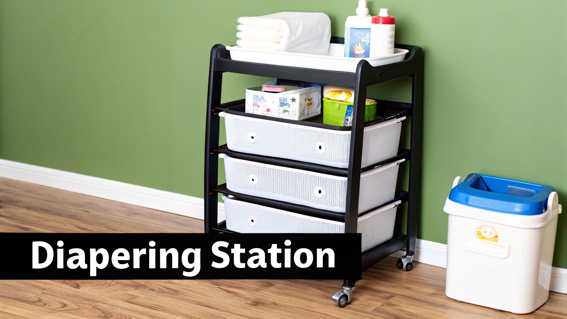 Portable black diapering station cart with diapers, baby wipes, and a blue and white diaper pail.