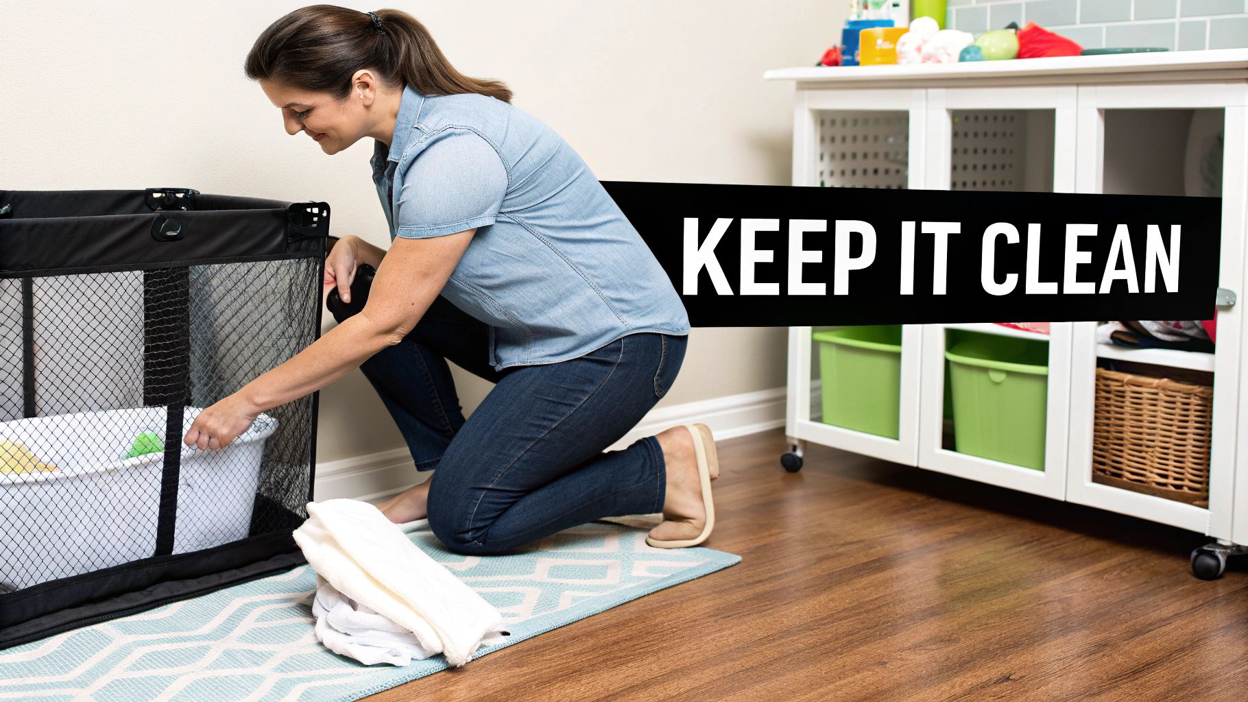 A smiling woman places a white bucket into a black mesh play yard on a rug.