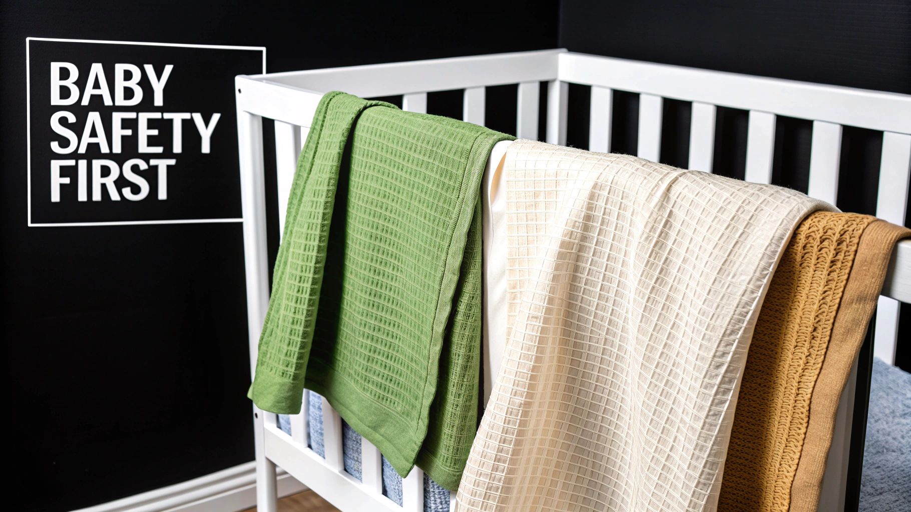Three textured blankets (green, cream, yellow) draped over a white baby crib with a 'Baby Safety First' sign.