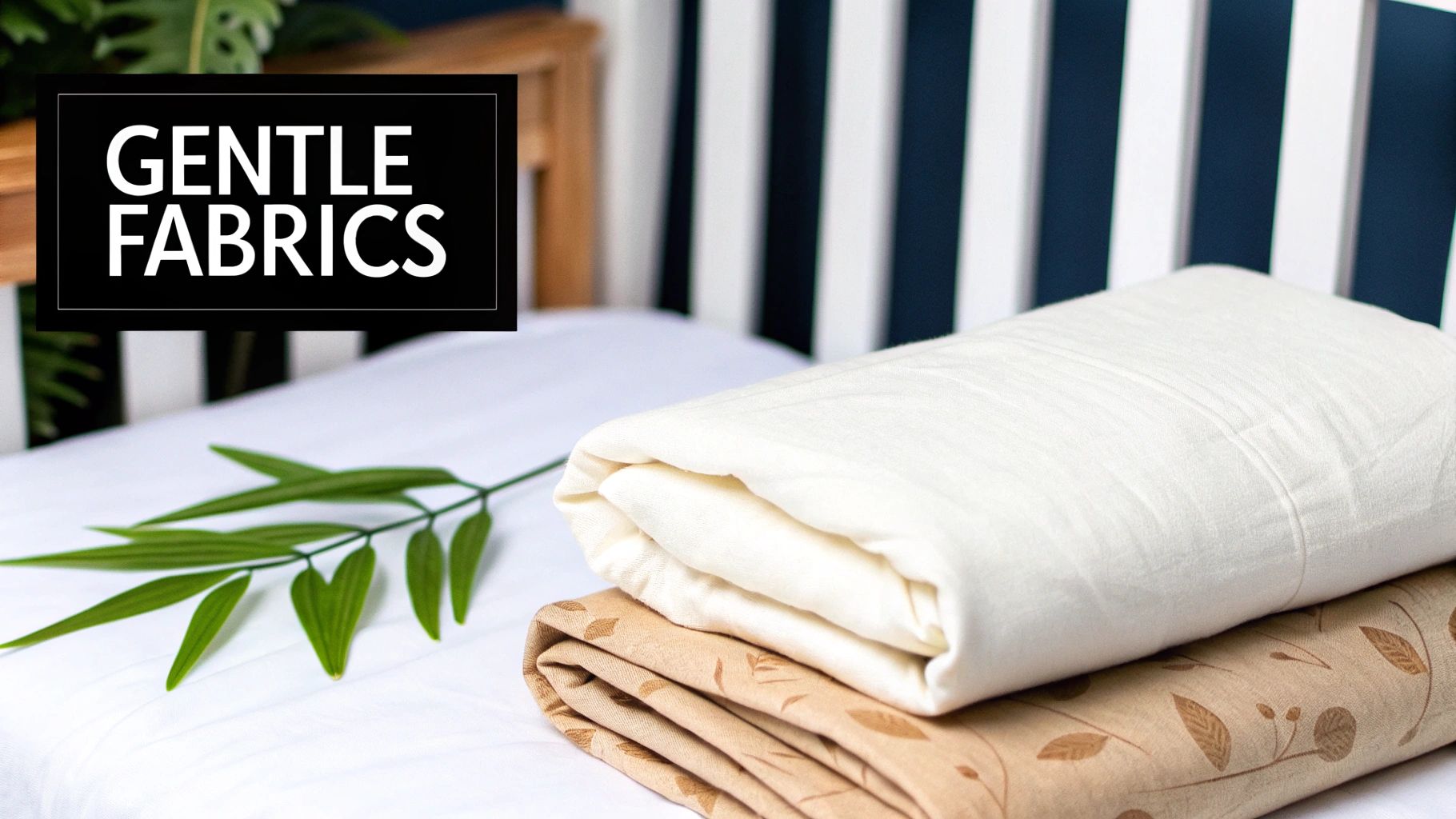 Two folded textiles, one plain, one patterned, on a bed with a green branch and 'Gentle Fabrics' text.