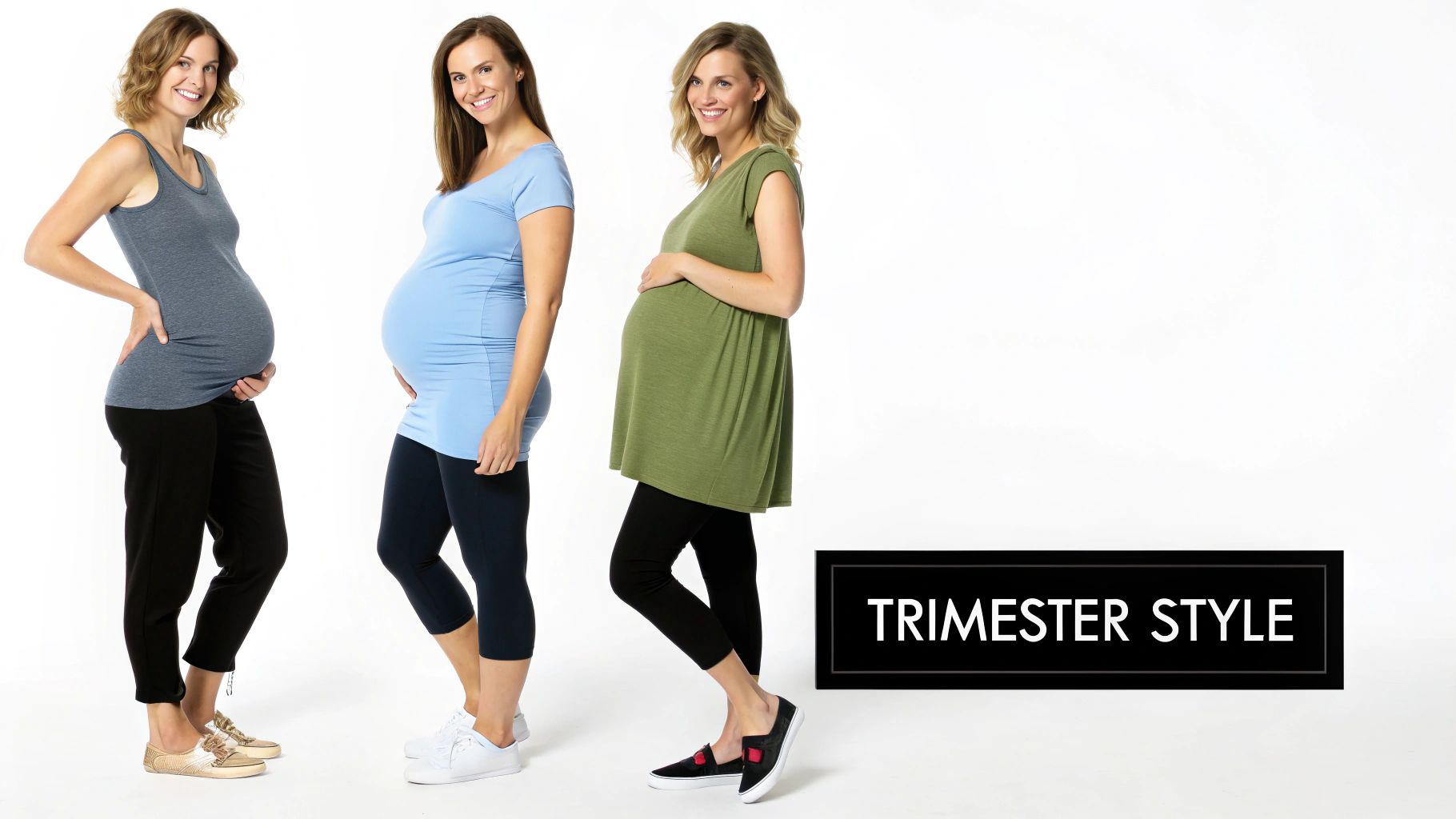 Three smiling pregnant women model comfortable maternity outfits, showcasing various stylish tops and bottoms.