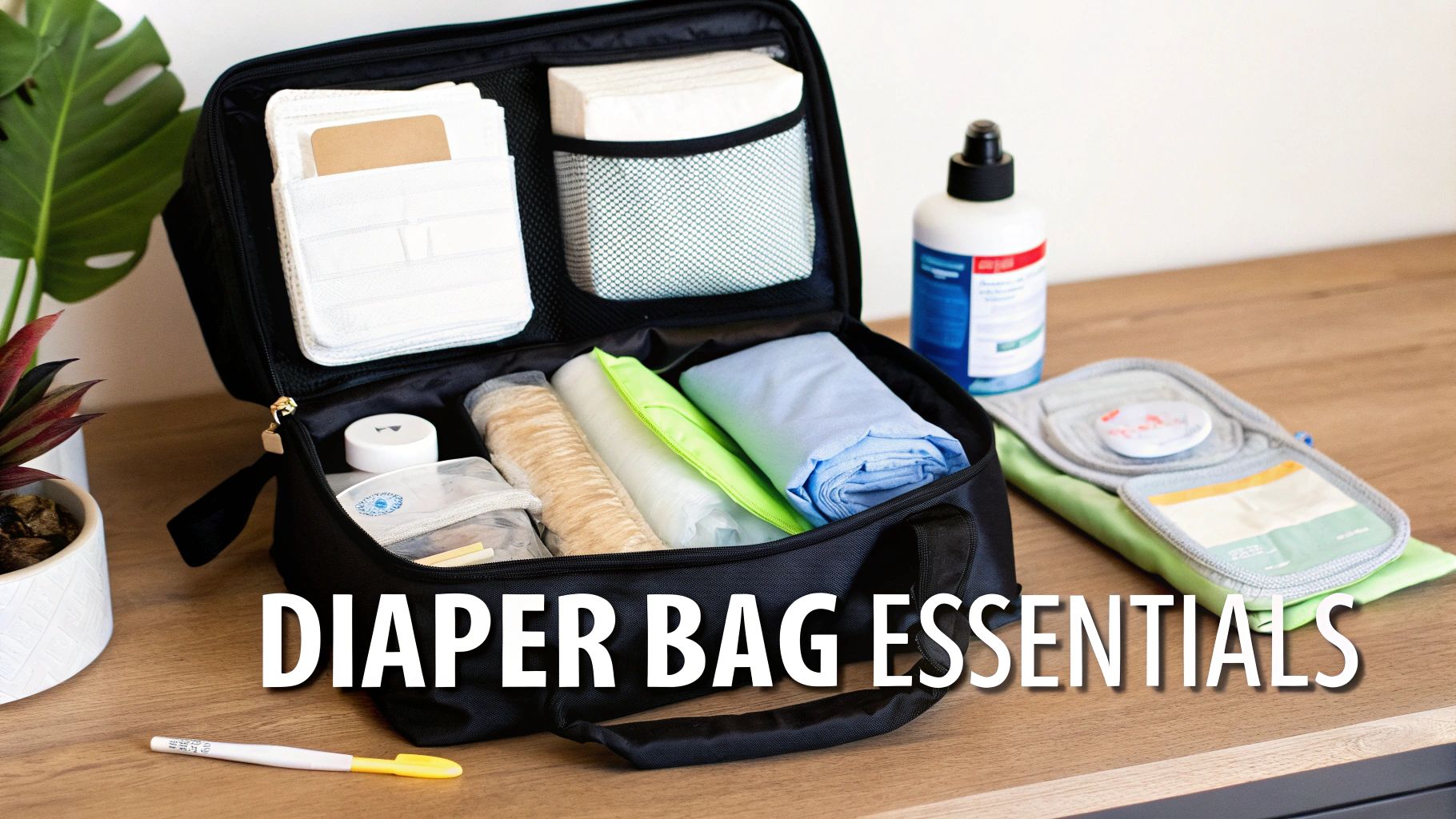 Diaper bag essentials neatly organized in an open black bag on a wooden table.