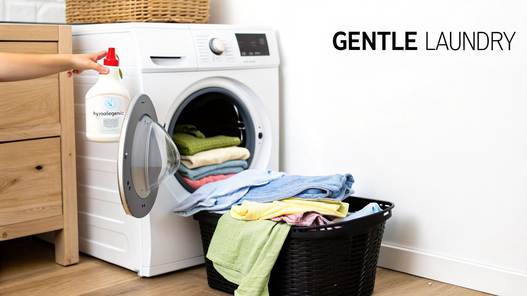 Person adding hypoallergenic detergent to a washing machine full of colorful clothes, with a laundry basket.