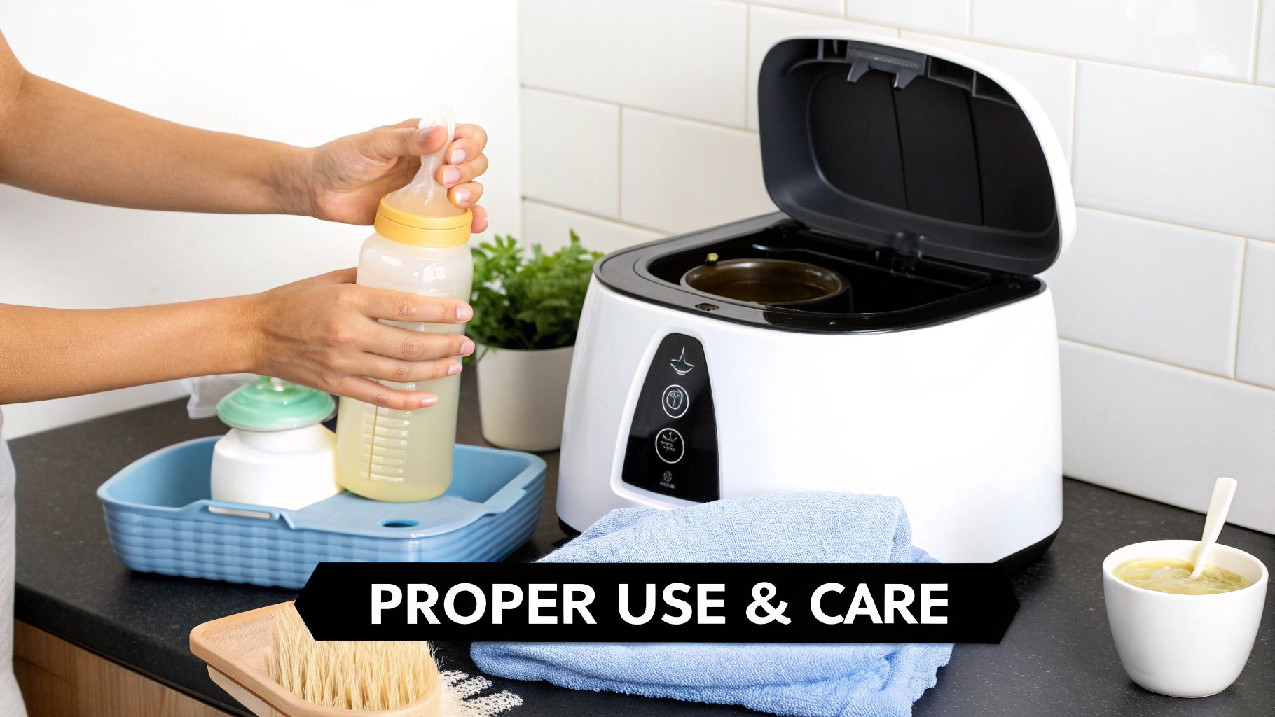 A person holds a baby bottle next to a bottle warmer and cleaning supplies on a kitchen counter.