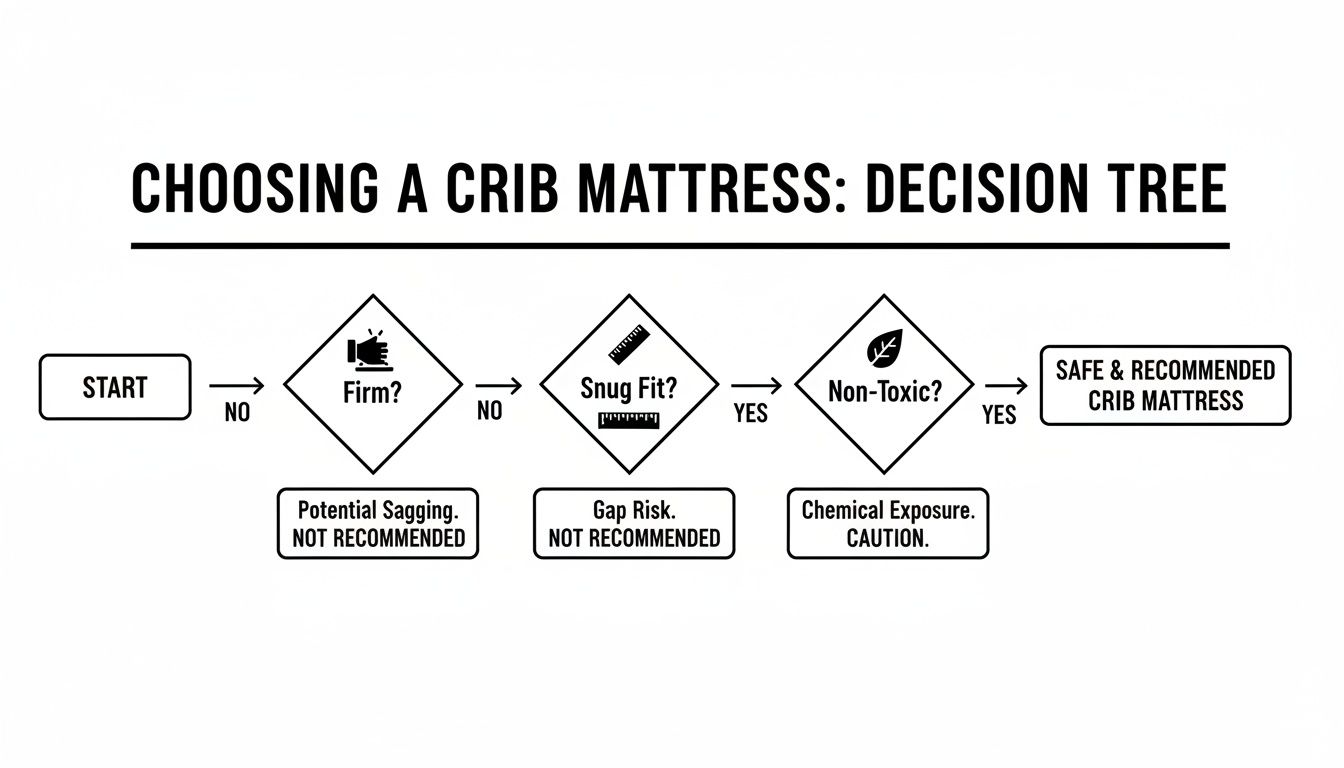 A decision tree flowchart explaining how to choose a safe crib mattress, checking for firmness, snug fit, and non-toxic materials.