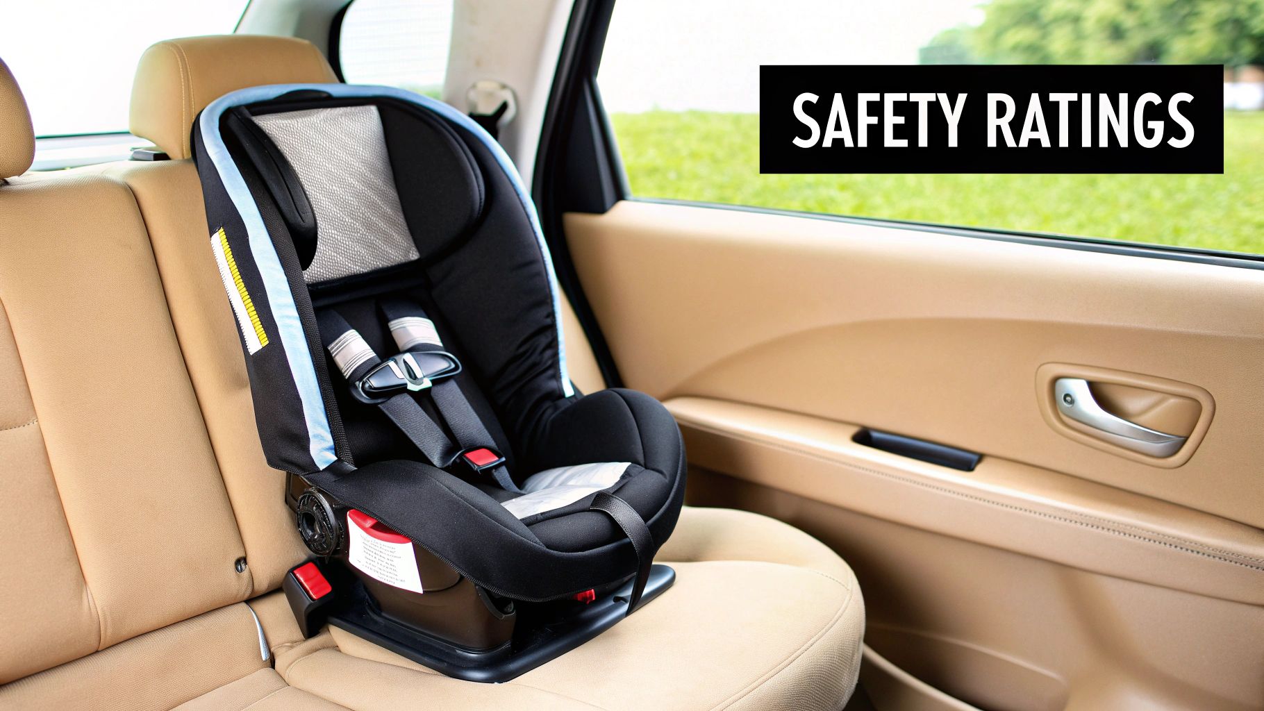 A black and blue infant car seat is securely placed in a car's tan back seat, with 'SAFETY RATINGS' text.