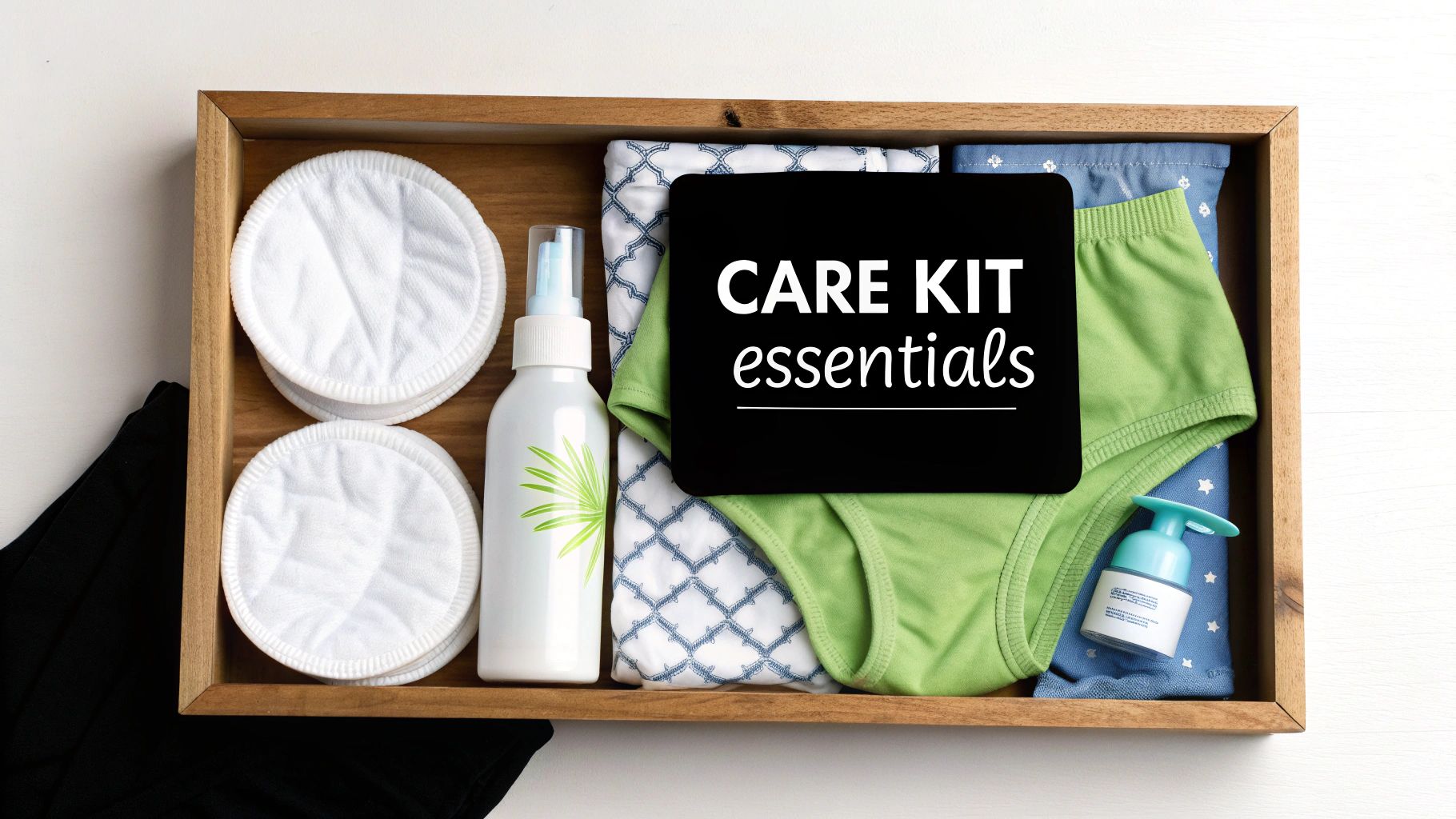 Overhead view of a wooden box filled with baby care kit essentials, including cotton pads, lotions, and baby clothes.