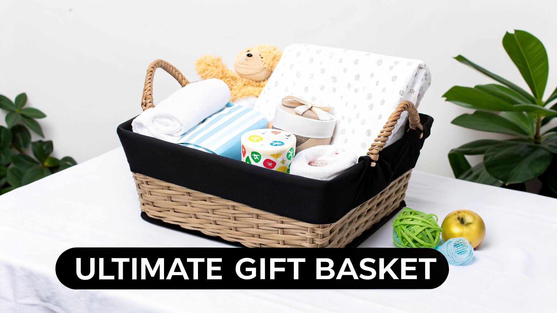 A beautifully arranged baby shower gift basket filled with towels, blankets, a teddy bear, and gifts.