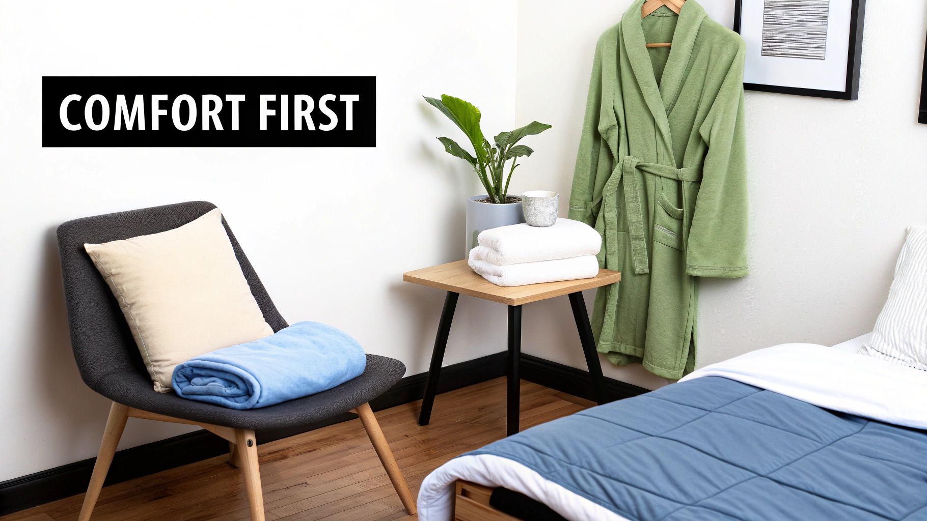 A cozy room scene with a chair, blue blanket, green bathrobe, and bedside table with towels.