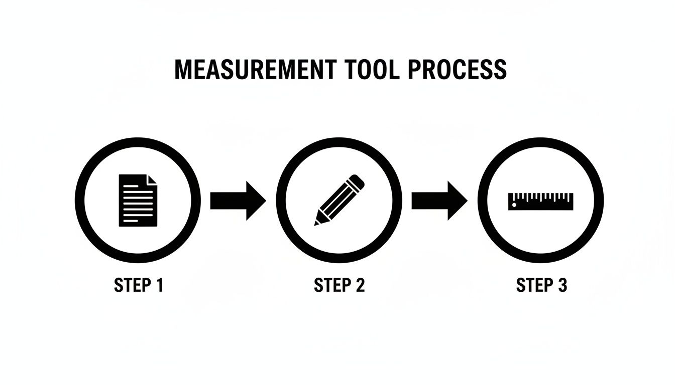 Diagram illustrating a three-step measurement tool process with document, pencil, and ruler icons.