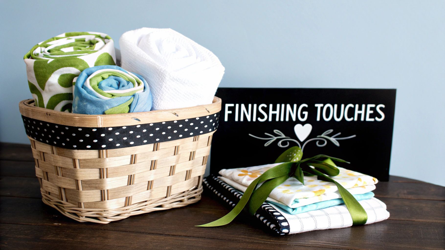 A charming baby gift basket filled with rolled green, blue, and white towels and matching fabrics.
