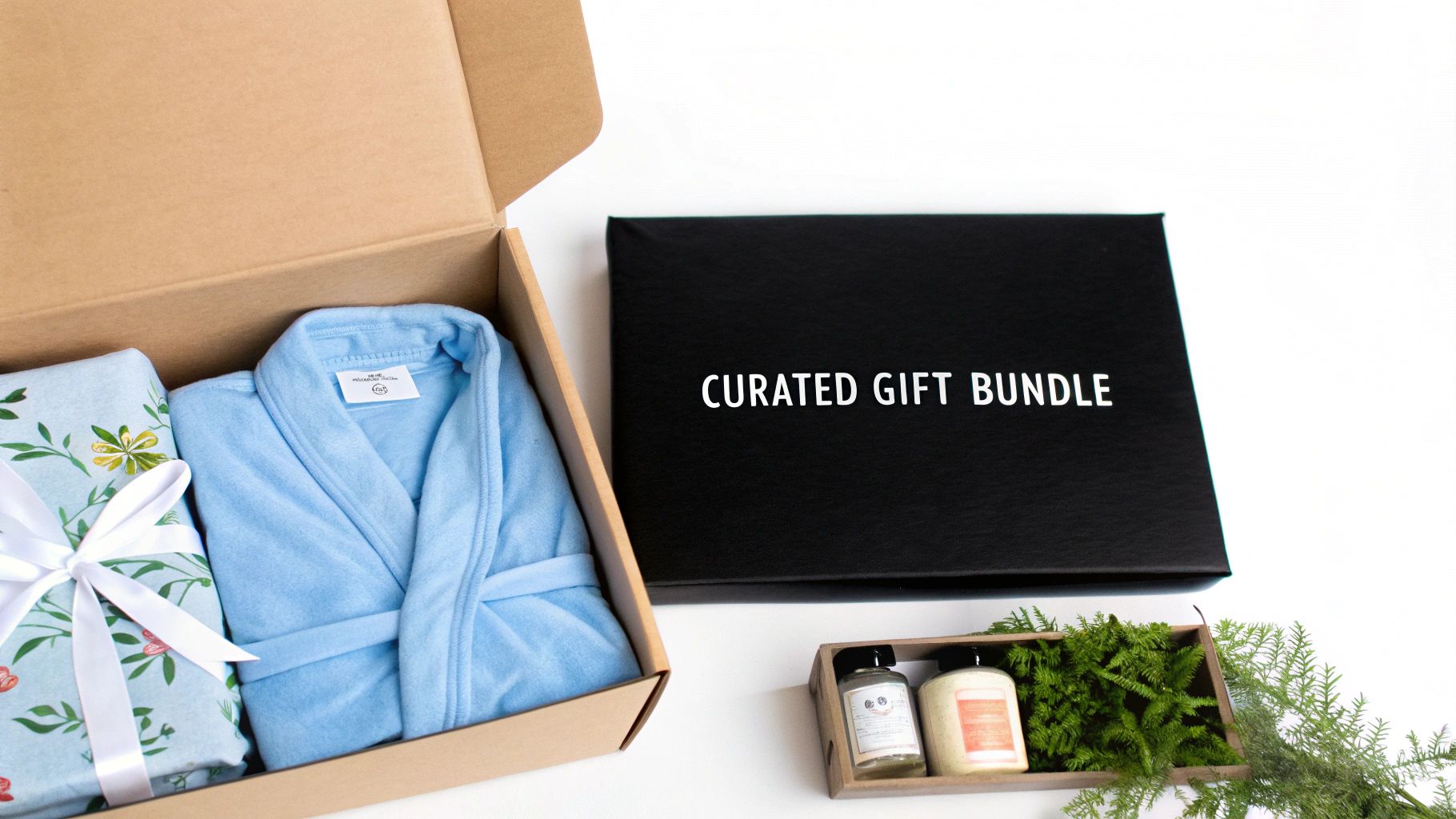 Overhead shot of a curated gift bundle featuring a blue robe, floral wrapped package, and bath essentials.