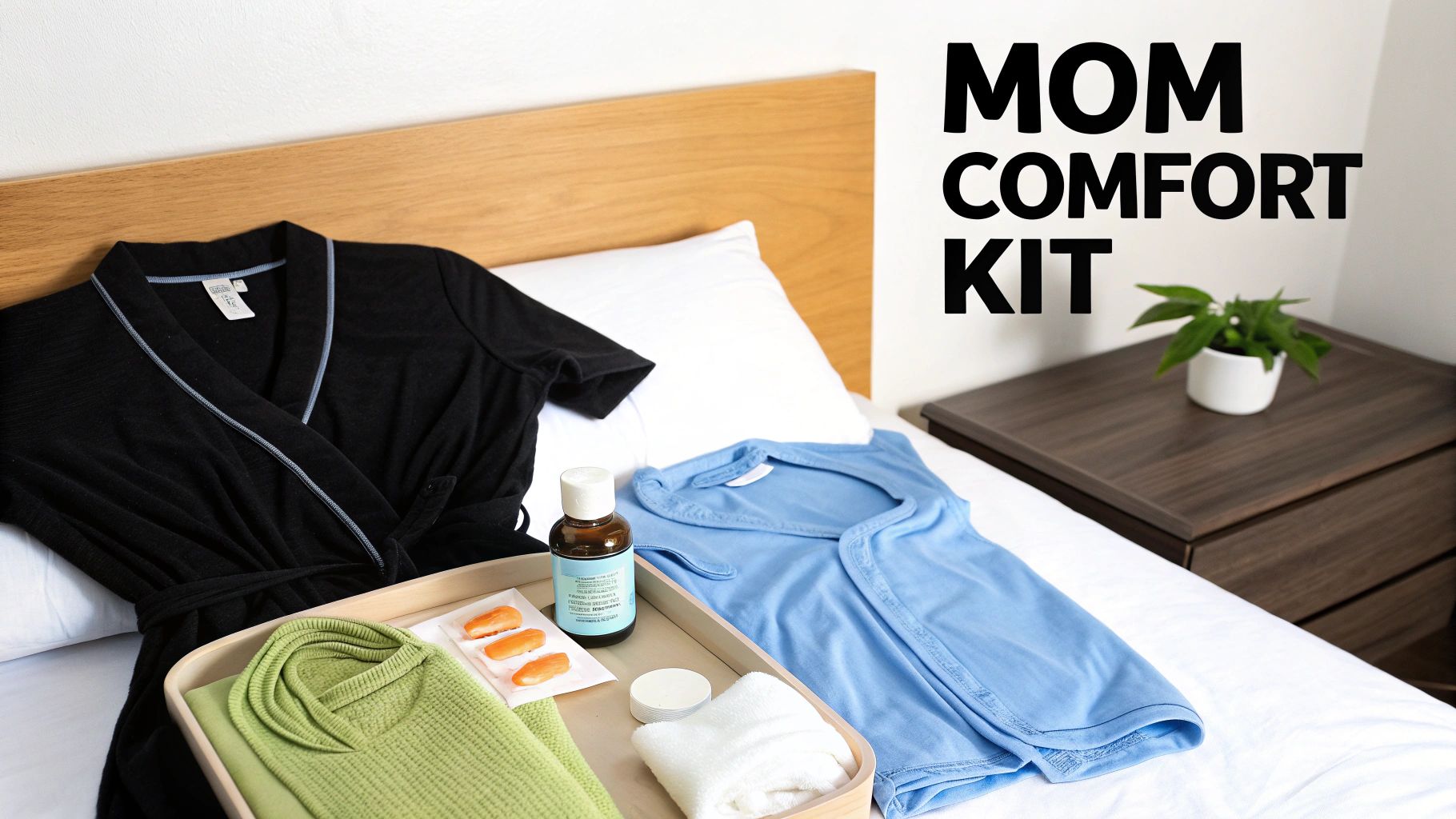 Essential items for a new mom's comfort, including a robe, clothing, and wellness products, on a bed.