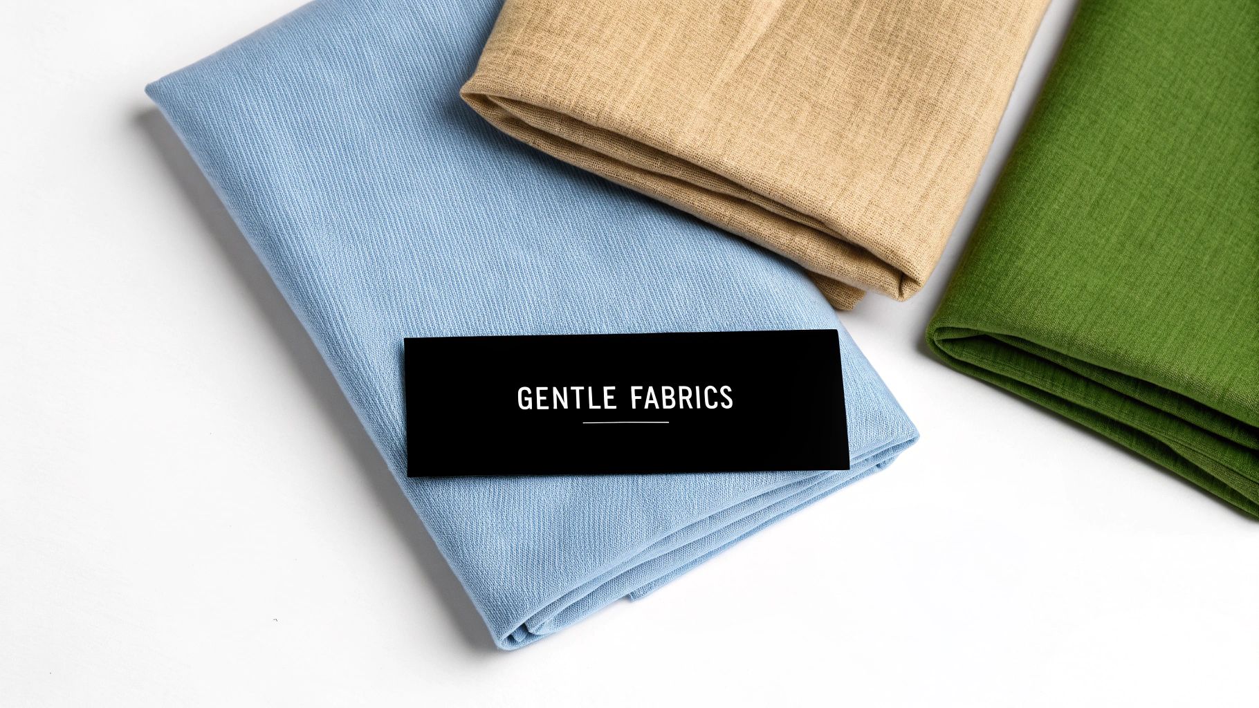 Three folded fabrics in light blue, tan, and green with a 'GENTLE FABRICS' business card.