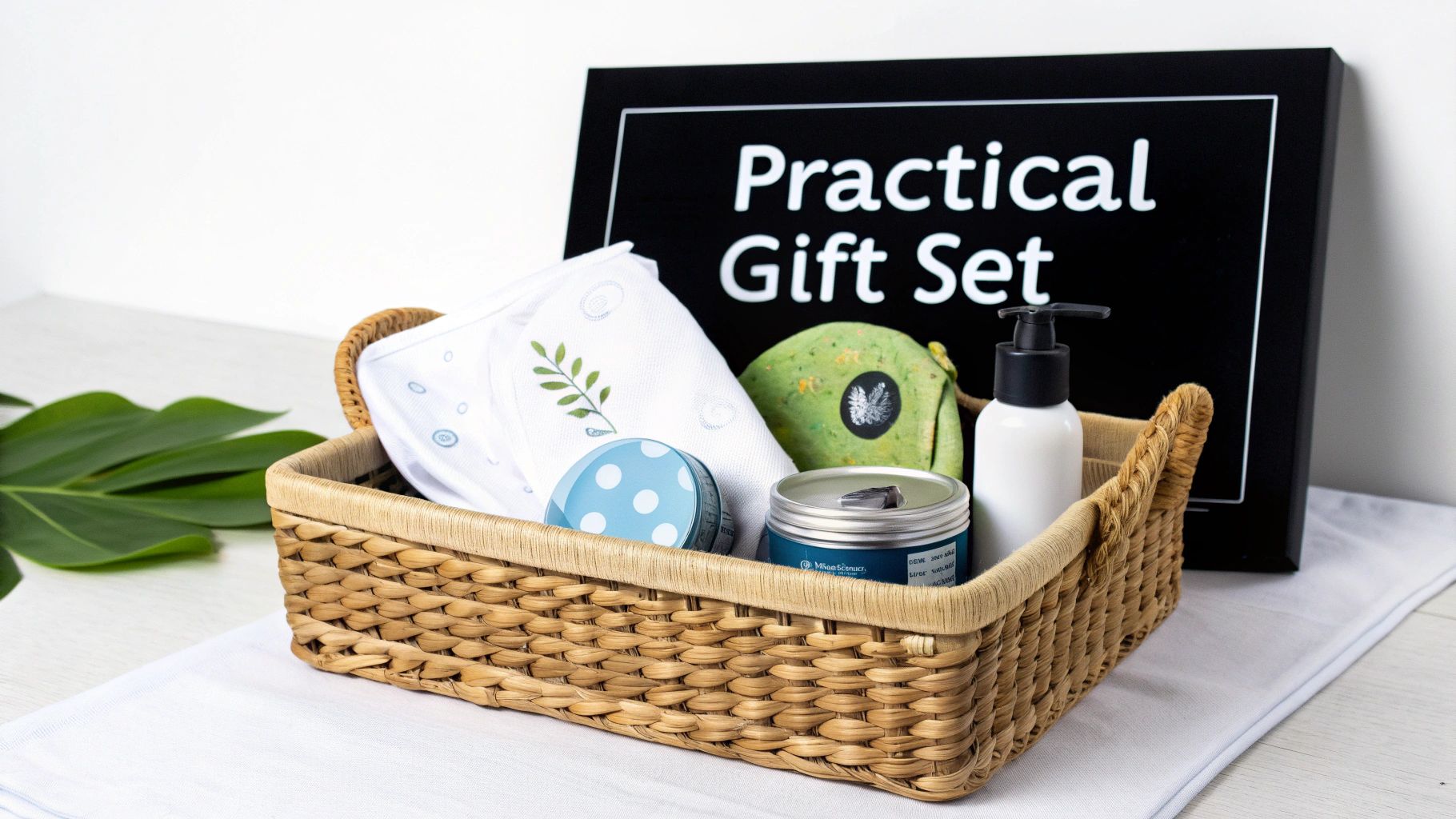 A woven gift basket filled with practical items like lotions and towels, ideal for new parents.