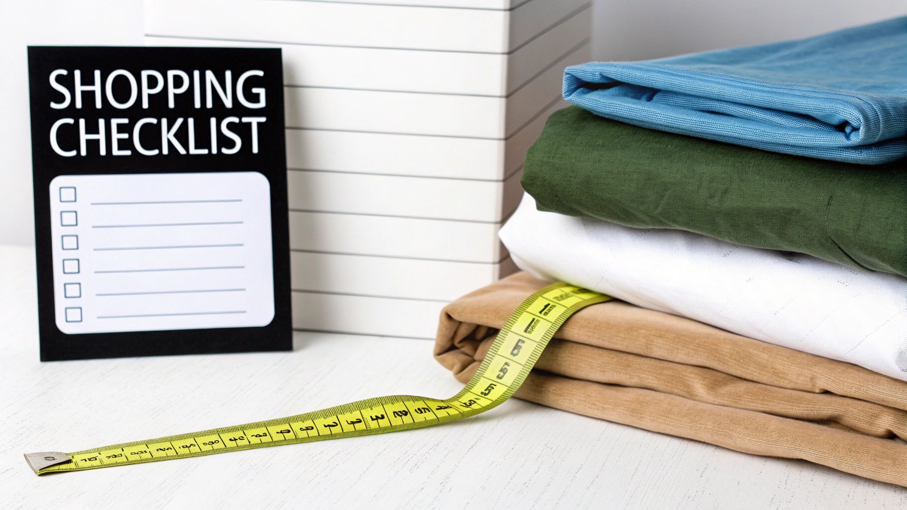 A shopping checklist stands next to a stack of colorful folded clothes and a bright yellow measuring tape.
