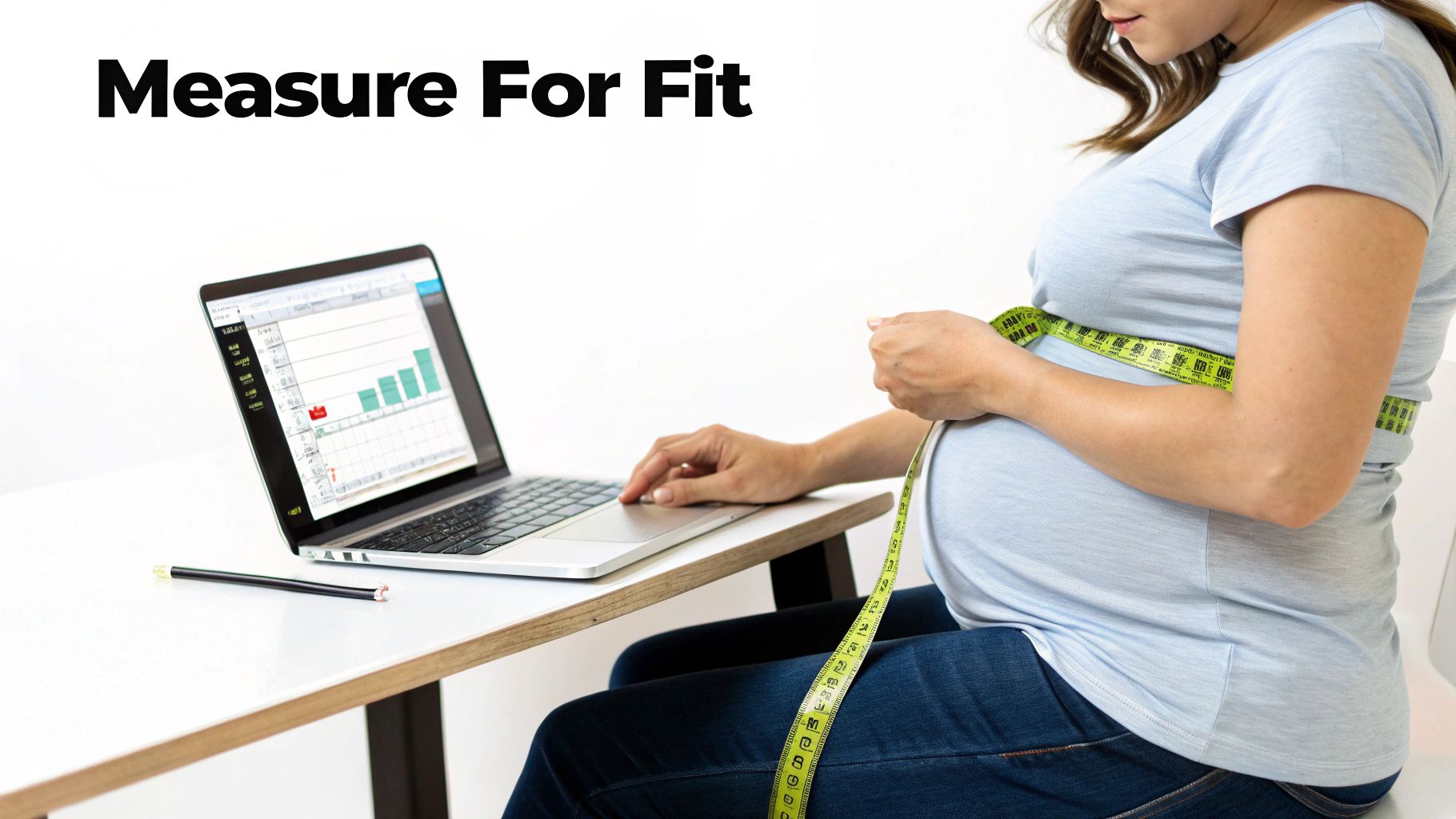 A pregnant woman measures her belly with a tape measure while sitting at a desk with a laptop.