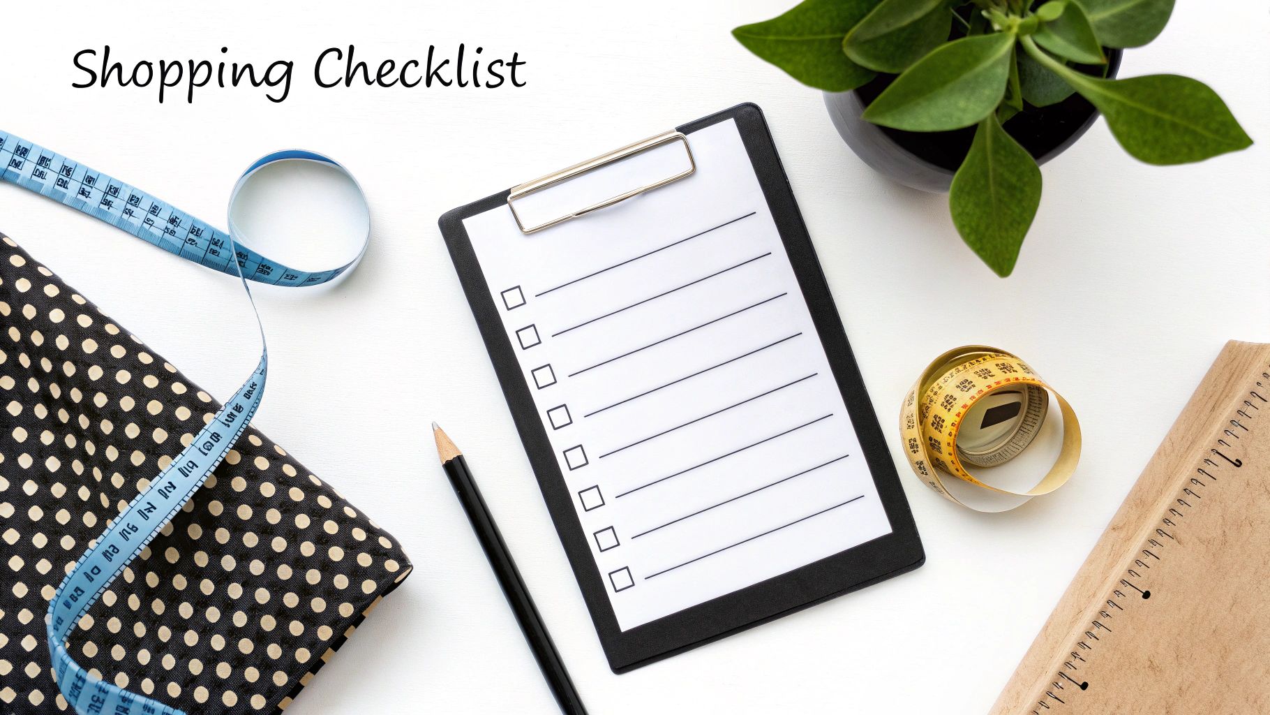 A flat lay image displaying a 'Shopping Checklist' on a clipboard surrounded by sewing tools and a plant.