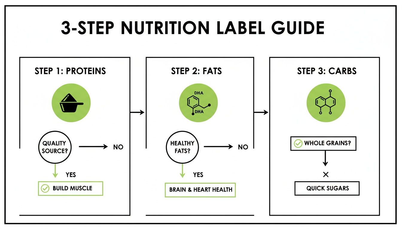 A 3-step nutrition label guide explaining how to evaluate proteins, fats, and carbs.