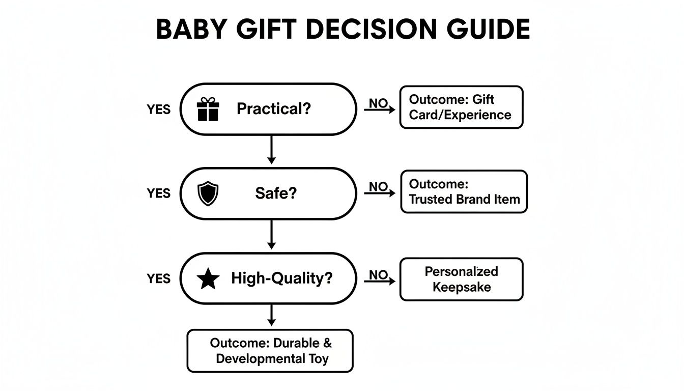 Flowchart outlining baby gift decisions based on practicality, safety, and quality, leading to different gift outcomes.